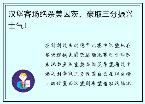 汉堡客场绝杀美因茨，豪取三分振兴士气！