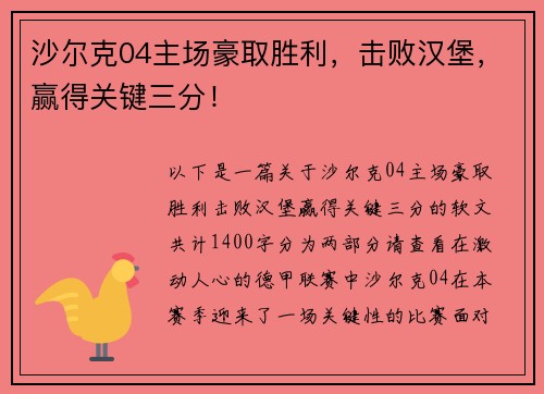沙尔克04主场豪取胜利，击败汉堡，赢得关键三分！